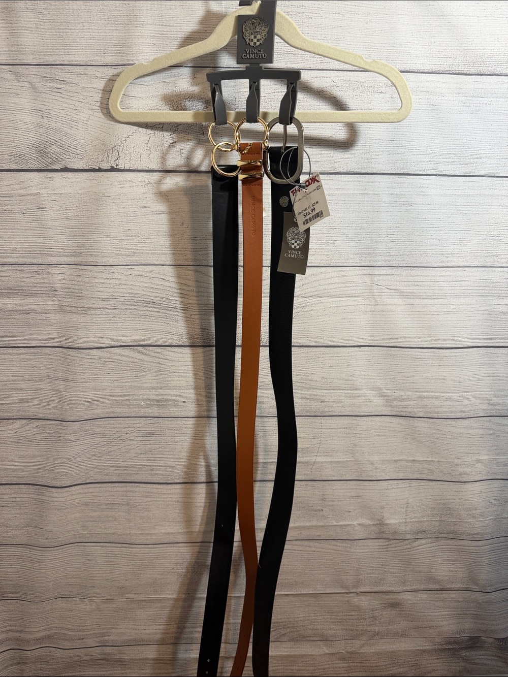 Vince Camuto Black and Brown Dual-Strip Belts with Gold Rings